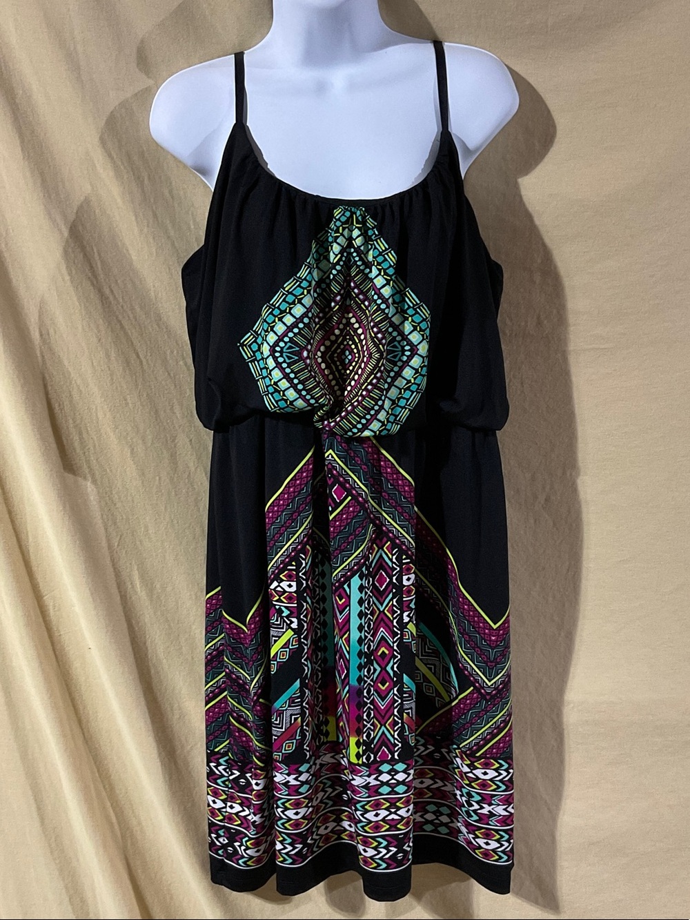 Maurices Size L Black Midi Dress with Teal, Magenta & Lime Geometric Print